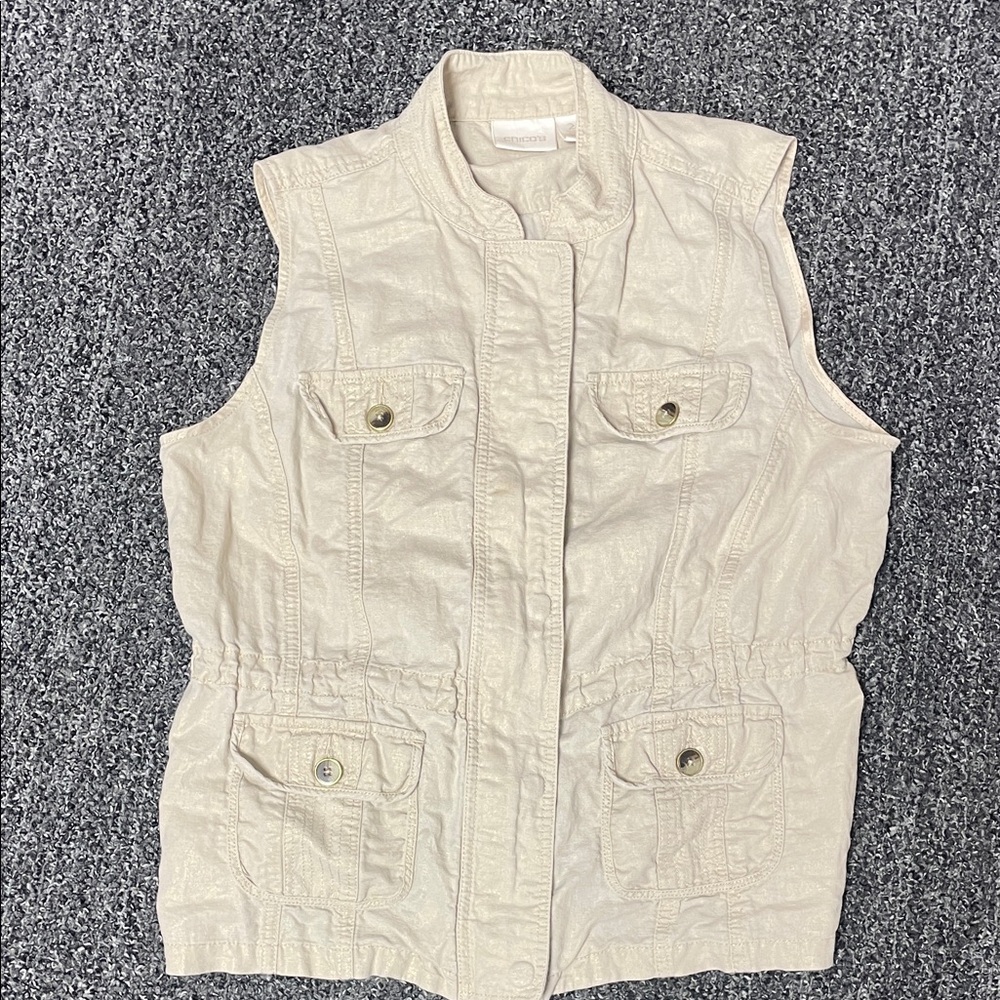 Chico’s Linen Cotton Utility Safari Vest Beige Size 2 (L/XL) Layering 3rd Piece